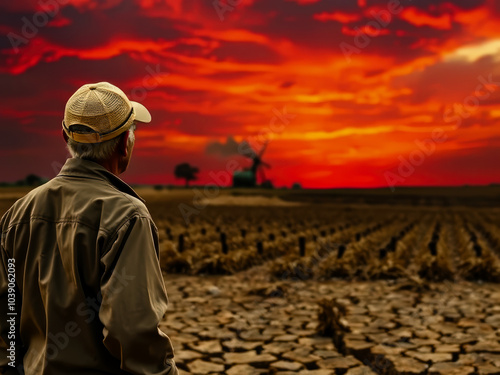 An elderly man stands in a dry, cracked field, gazing at the horizon during a dramatic red sunset, symbolizing climate change and agriculture challenges.