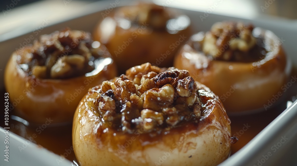 Square dish of baked apples stuffed with walnuts and sultanas, offering a warm and delicious treat.
Square dish of baked apples stuffed with walnuts and sultanas, offering a warm and delicious treat.