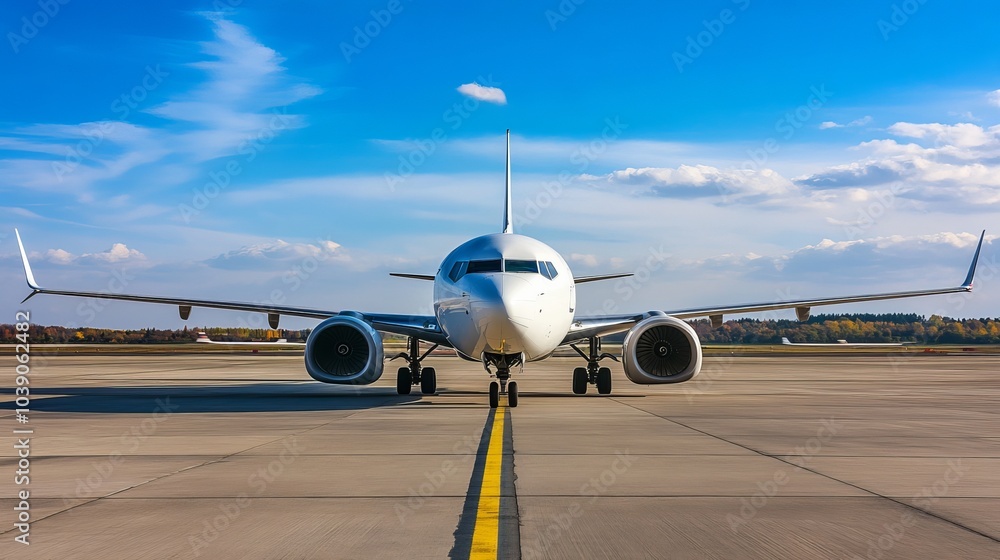 A commercial airplane taxiing on the runway under a bright sunny sky, preparing for takeoff.
A commercial airplane taxiing on the runway under a bright sunny sky, preparing for takeoff.