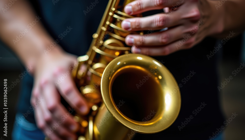 Obraz premium Detailed image of a musician's hands expertly playing a shiny golden saxophone, capturing the essence of jazz music and artistic expression in motion.