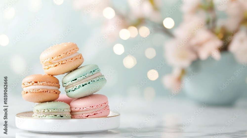 Fototapeta premium A rainbow of colorful macarons rest on a snowy plate beside a blossoming pink vase