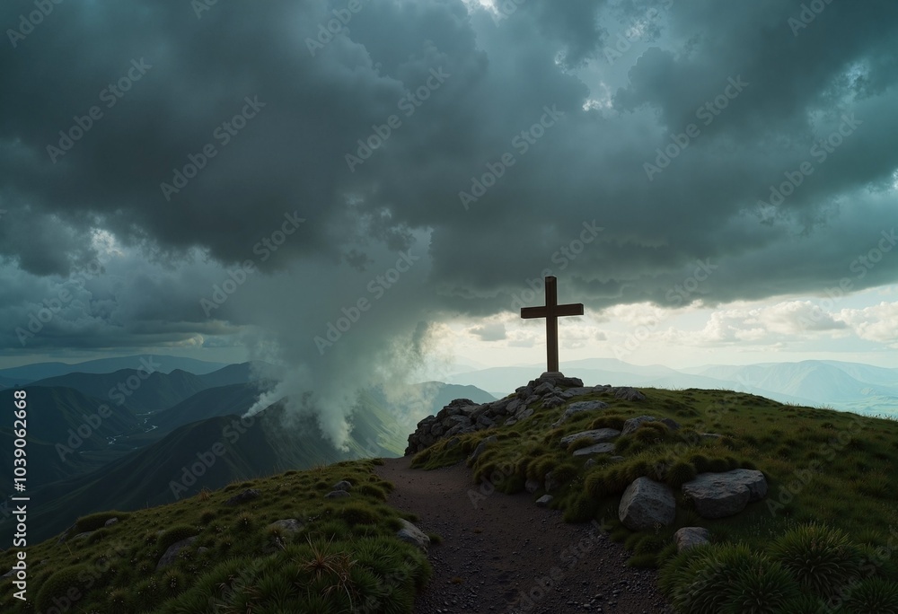 Cross on mountain peak with dramatic stormy sky against misty landscape Cross on mountain peak with dramatic stormy sky against misty landscape