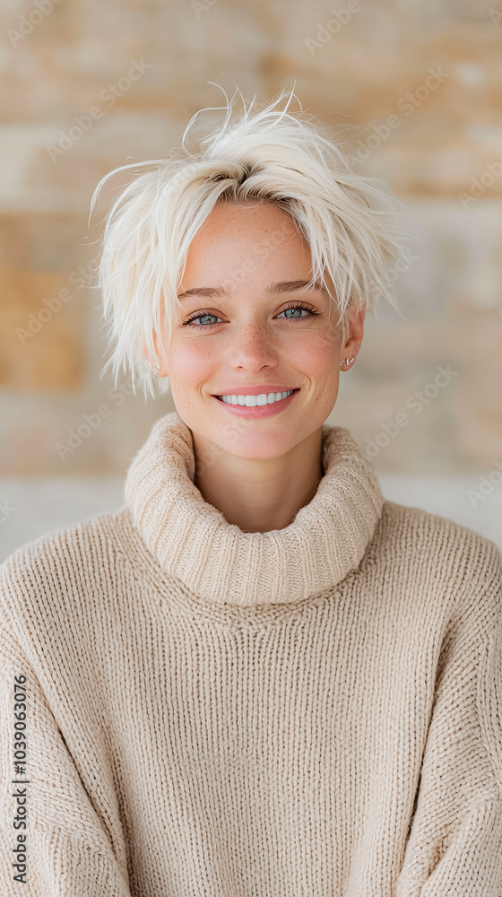 A woman with blonde hair and a white sweater is smiling A woman with blonde hair and a white sweater is smiling