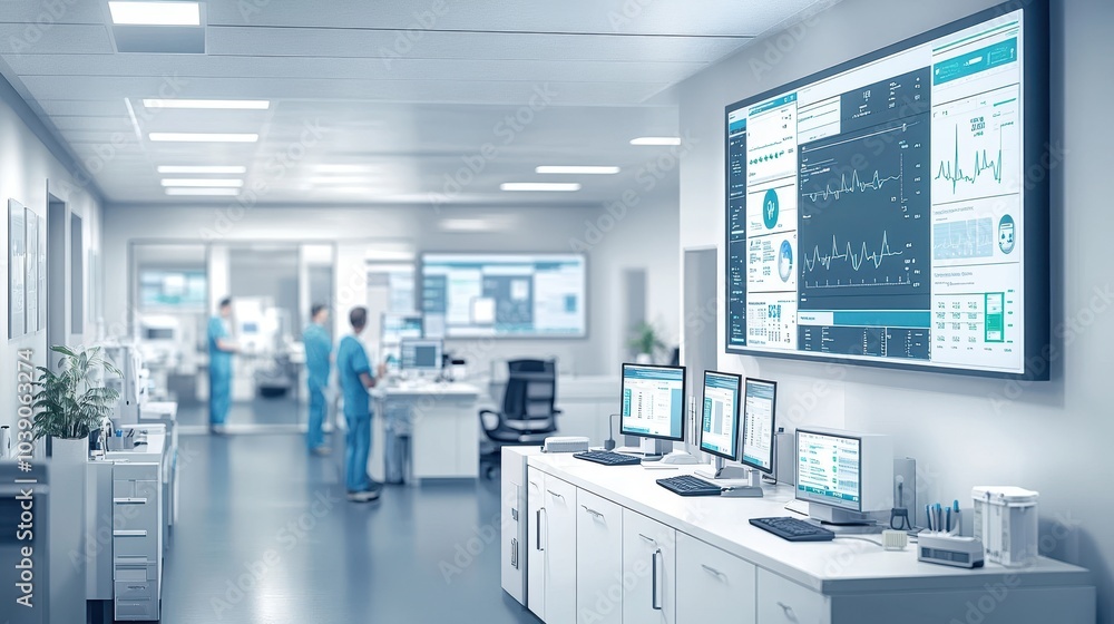 A central monitoring station where healthcare providers observe multiple patients health data through integrated systems, ensuring continuous and effective care. A central monitoring station where healthcare providers observe multiple patients health data through integrated systems, ensuring continuous and effective care.