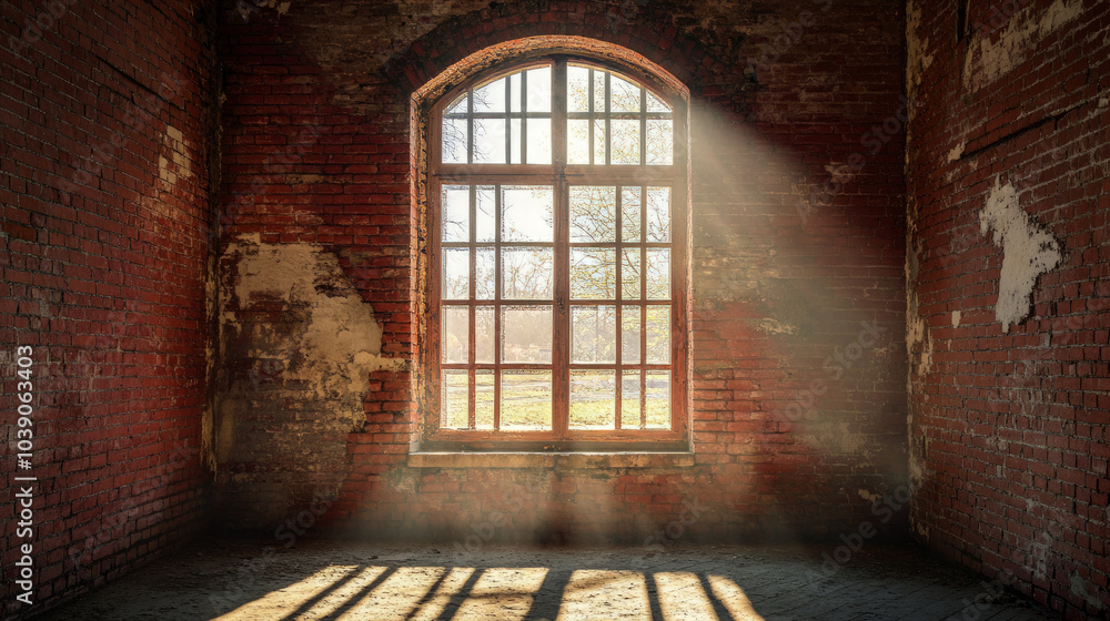 Sunlight shines through window of abandoned red brick wall Sunlight shines through window of abandoned red brick wall