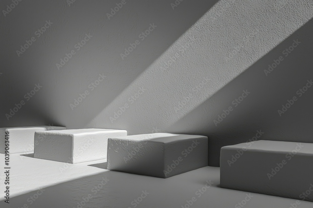 Obraz premium Minimalist White Cubes with Diagonal Sunlight on Textured Wall