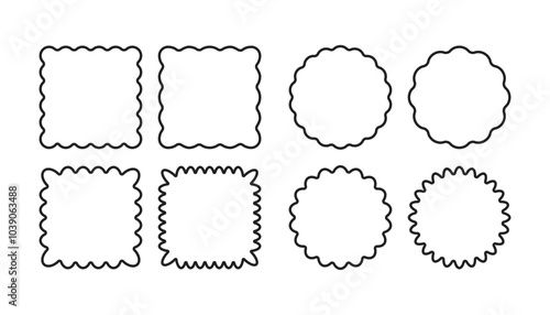Square and round linear frames with wavy edges set. Geometric shapes jagged outlines.