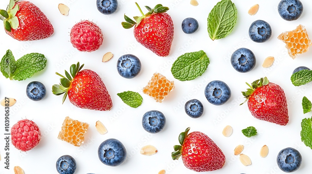 Strawberries, blueberries, raspberries, almonds, and mint leaves scatter across a white surface Strawberries, blueberries, raspberries, almonds, and mint leaves scatter across a white surface