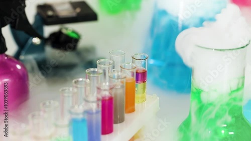 Lots of bright colored flasks. Conducting chemical experiments in the laboratory. Close up.