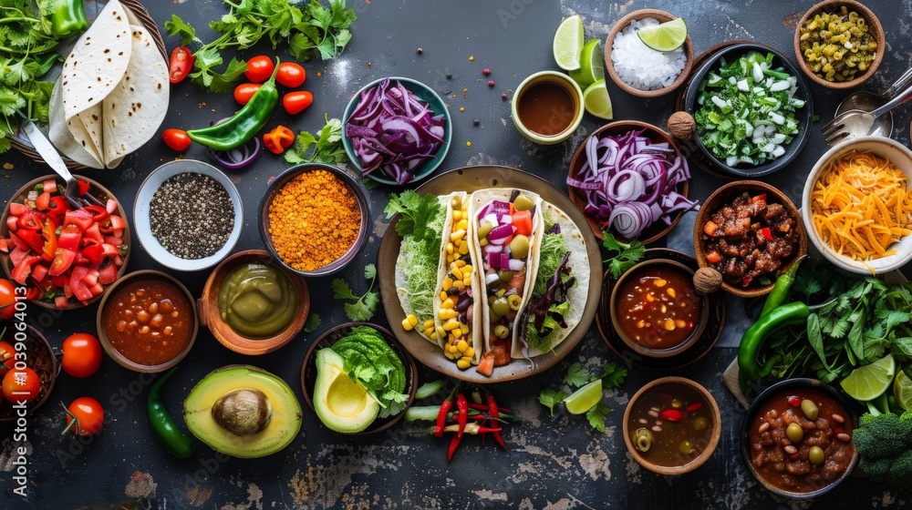 A vibrant flat lay of a taco bar with various toppings and sauces A vibrant flat lay of a taco bar with various toppings and sauces