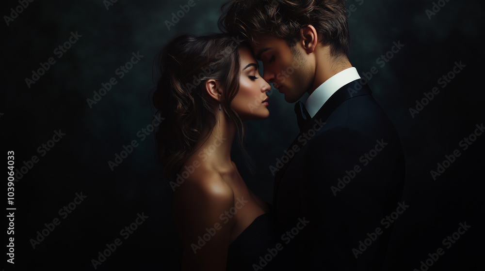 An intimate kiss between a couple in formal attire, captured in dramatic lighting against a dark background An intimate kiss between a couple in formal attire, captured in dramatic lighting against a dark background