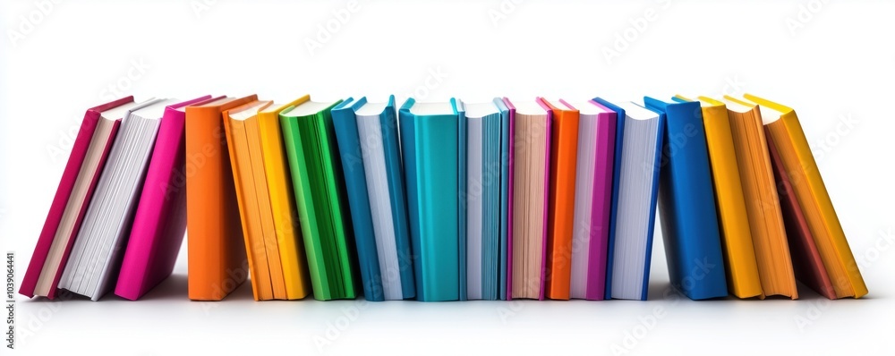 Colorful books aligned in a row, white isolate background Colorful books aligned in a row, white isolate background