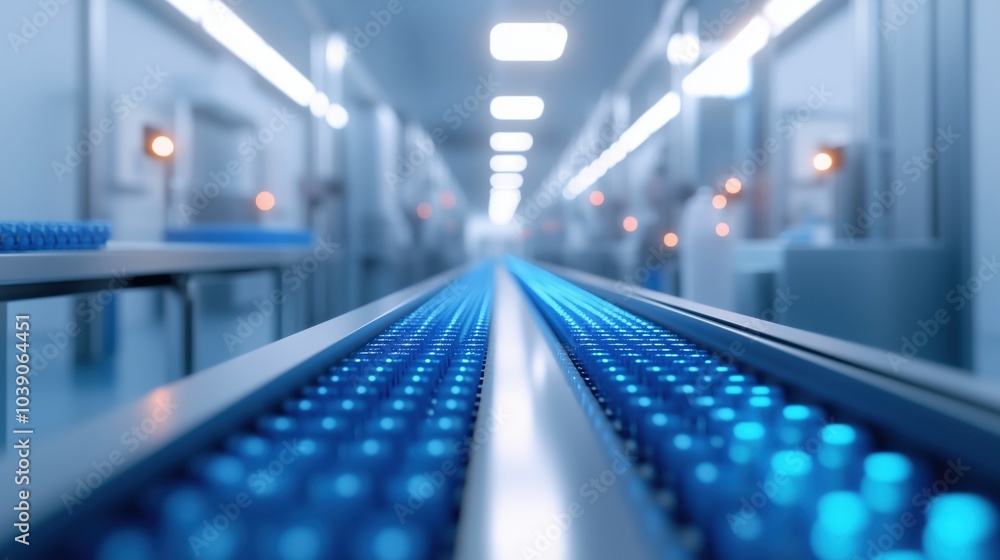 Fototapeta premium Conveyor belt in modern factory, advanced technology in manufacturing.