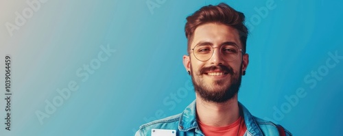 Obraz na płótnie Cartoon-style illustration of a young man with blue eyes and a friendly smile, perfect for avatars or profiles for id cards. w salonie