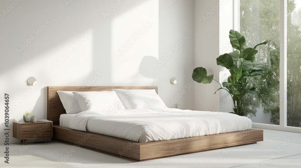 A light-filled bedroom with a light-brown wooden bed, white linens, and a leafy plant near a large window. A light-filled bedroom with a light-brown wooden bed, white linens, and a leafy plant near a large window.