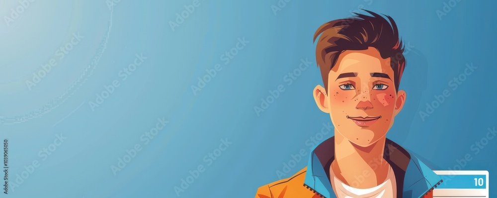 Cartoon-style illustration of a young man with blue eyes and a friendly smile, perfect for avatars or profiles for id cards.