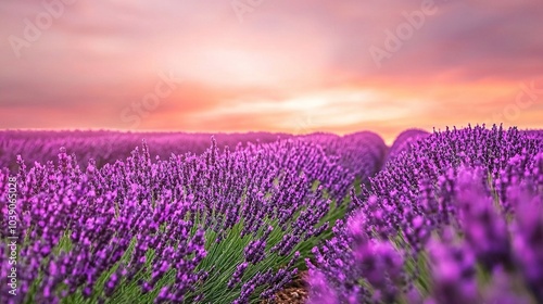  Lavender field at sunset with pink sky