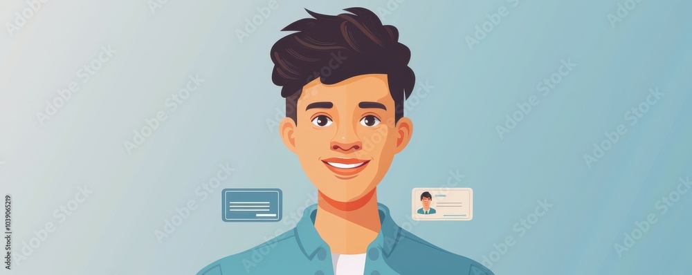 Cartoon-style illustration of a young man with blue eyes and a friendly smile, perfect for avatars or profiles for id cards.