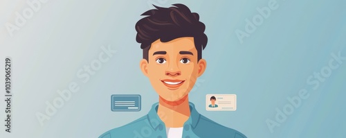 Cartoon-style illustration of a young man with blue eyes and a friendly smile, perfect for avatars or profiles for id cards.