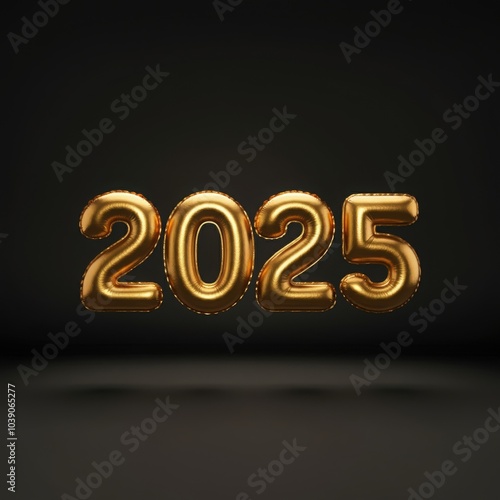 Gold 2025 balloon numbers floating on a dark background. Elegant and modern New Year’s design perfect for luxury event invitations, party promotions, or celebratory decorations.