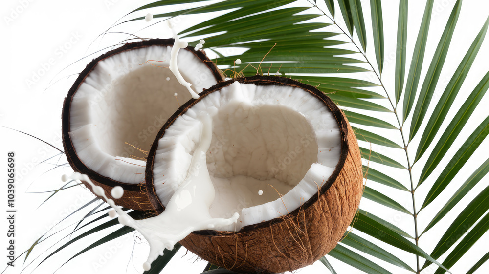 A coconut is cut open and milk is dripping out. The coconut is surrounded by a leaf. Concept of freshness and natural beauty A coconut is cut open and milk is dripping out. The coconut is surrounded by a leaf. Concept of freshness and natural beauty