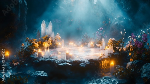 A sacred healing altar in a circular shape, filled with crystals, flowers, and flickering candles, with ethereal mist swirling around in a calm, spiritual ambiance photo