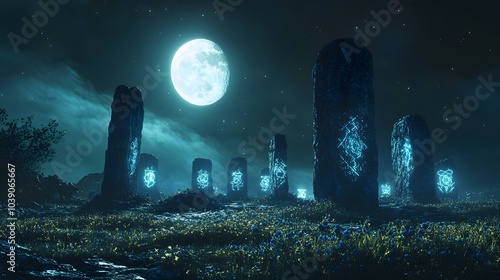 A sacred ritual performed by druids under the full moon, surrounded by ancient standing stones, with glowing blue runes and swirling magical lights in the air