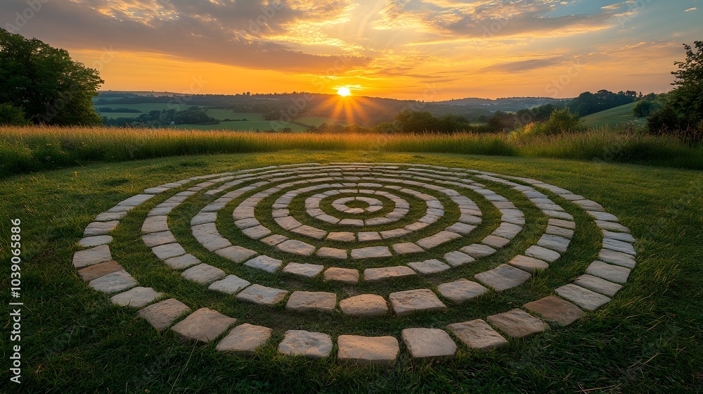 A serene circular labyrinth in a peaceful field, designed for walking meditation, with stone paths winding towards the center, soft golden sunlight A serene circular labyrinth in a peaceful field, designed for walking meditation, with stone paths winding towards the center, soft golden sunlight