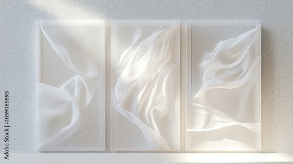 Three white panels, with sculpted, flowing shapes. Light shines on them Three white panels, with sculpted, flowing shapes. Light shines on them
