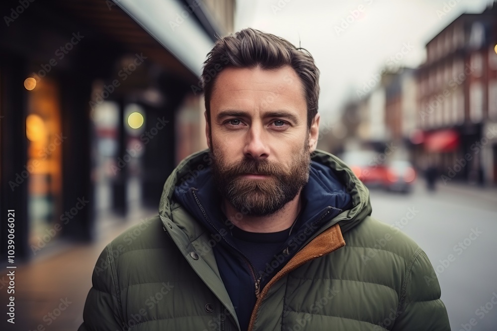 Portrait of a handsome bearded man in the city, looking at camera. Portrait of a handsome bearded man in the city, looking at camera.
