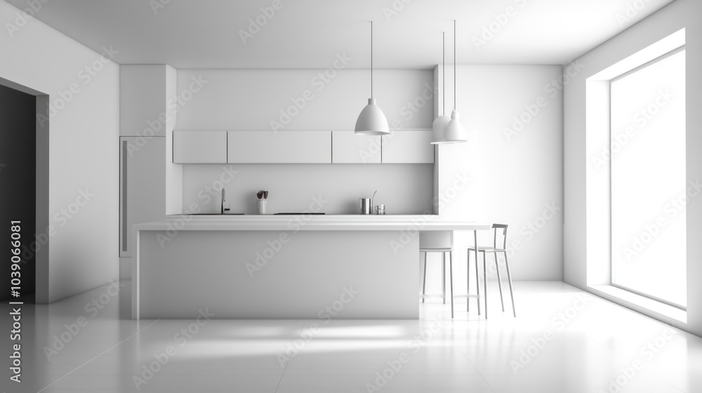 A bright, all-white kitchen with cabinets, a counter, bar stools, and a large window. A bright, all-white kitchen with cabinets, a counter, bar stools, and a large window.