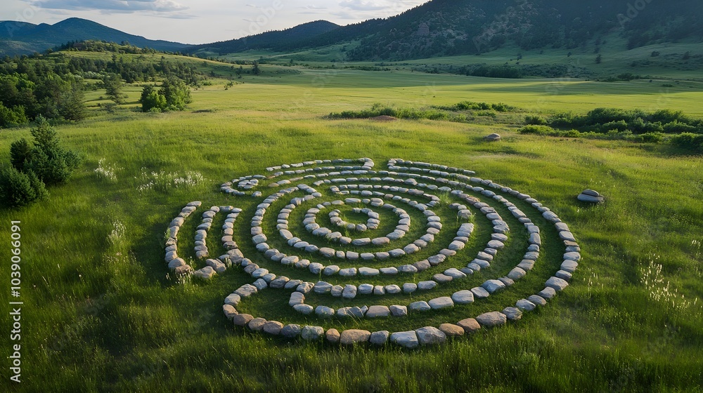 A spiritual labyrinth set in an open grassy meadow, paths formed by smooth stones, leading meditators to a tranquil center, surrounded by nature A spiritual labyrinth set in an open grassy meadow, paths formed by smooth stones, leading meditators to a tranquil center, surrounded by nature