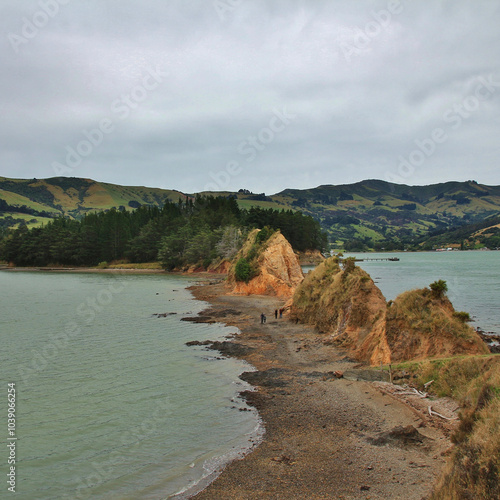 View from Onawe, Banks Peninsula, New Zealand. photo