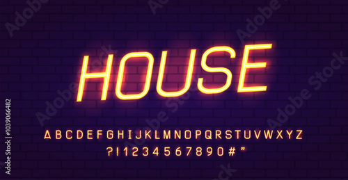 Neon font of house music in 90s - 2000s style. Retro futuristic neon light font type. Modern glowing font type alpрabet for karaoke bar, disco club, night pary. Neon signboard on brick wall background