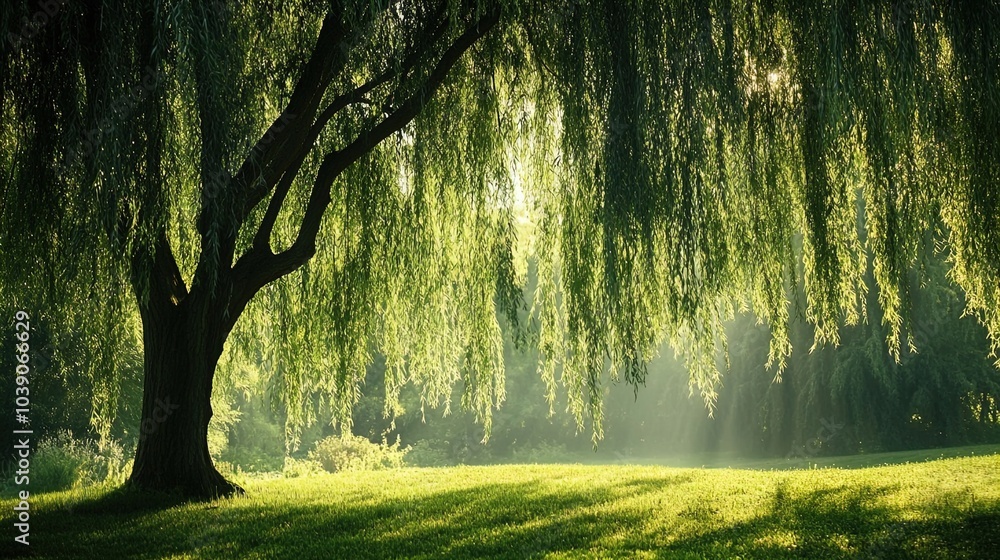 Naklejka premium A majestic willow tree dominates the scene, its long, graceful branches cascading downwards, creating a natural curtain of leaves. The light filters through the foliage, casting a soft glow on the lus