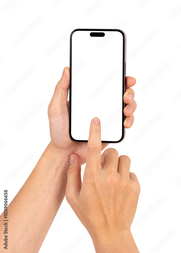 Hand using smartphone with blank screen isolated on white background. Hand using smartphone with blank screen isolated on white background.