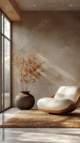 Wallpaper Mural Minimalist japandi interior design of modern living room with accent armchair Torontodigital.ca