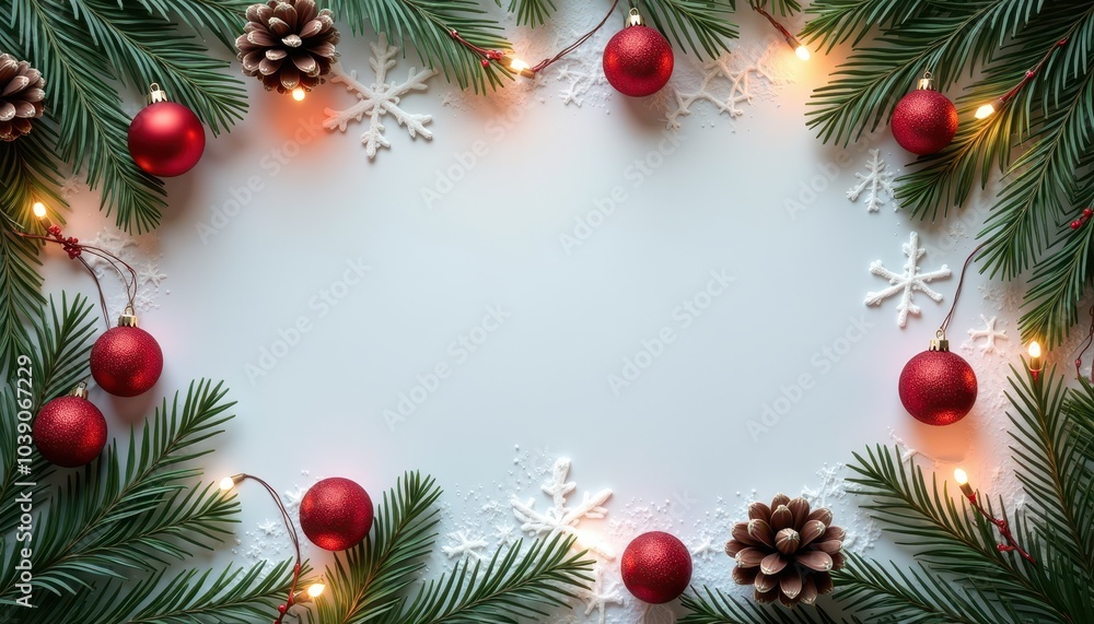 Copy space in the middle, surrounded with Christmas stuff Christmas tree, icicles, Christmas lights, copy space Copy space in the middle, surrounded with Christmas stuff Christmas tree, icicles, Christmas lights, copy space
