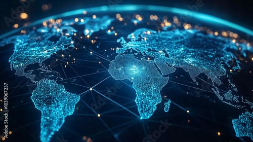 A glowing digital world map with interconnected nodes.