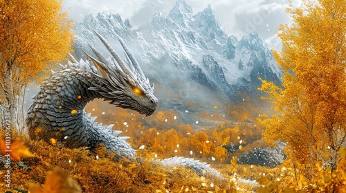 A majestic white dragon is positioned in a vibrant autumn landscape. Its scales glisten in shades of gray and silver, showcasing intricate details, and its fierce eyes glow with a bright golden hue. T