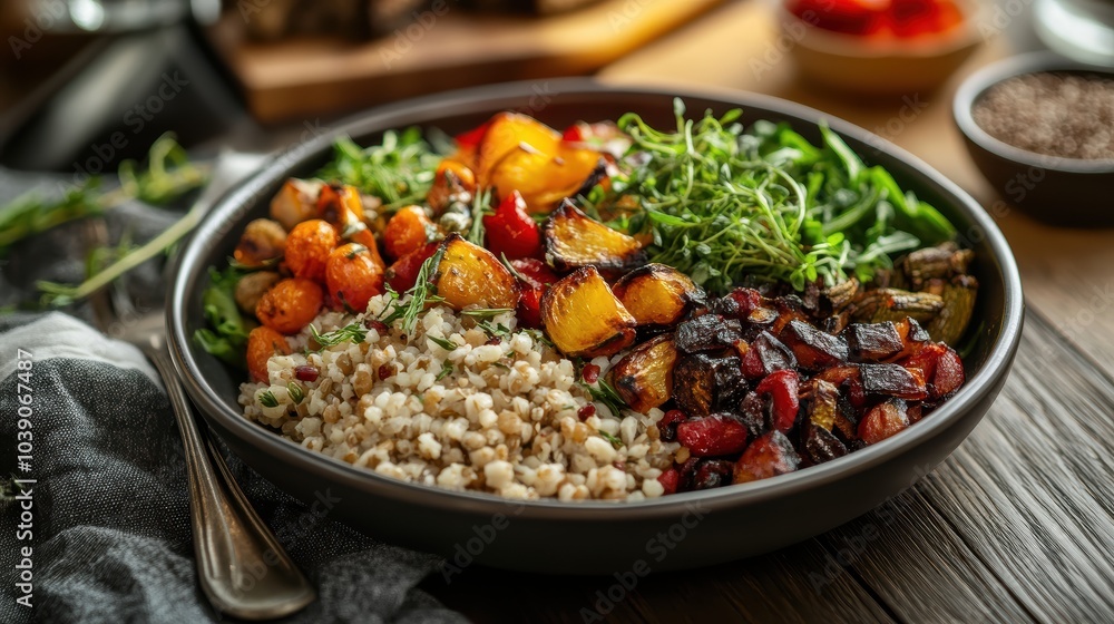 A beautifully plated vegetarian meal in a restaurant setting, featuring roasted vegetables, grains, and leafy greens A beautifully plated vegetarian meal in a restaurant setting, featuring roasted vegetables, grains, and leafy greens