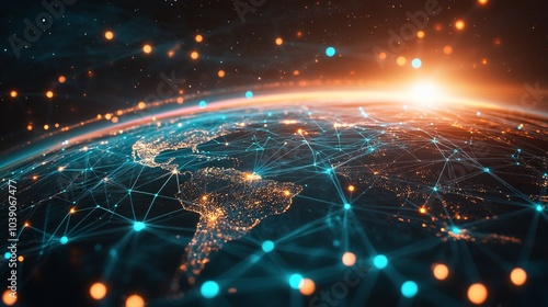 Earth Illuminated by a Network of Blue Lines and Orange Lights