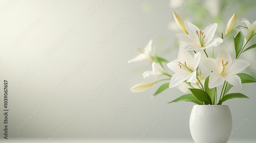 White vase filled with white flowers on white table against white wall White vase filled with white flowers on white table against white wall