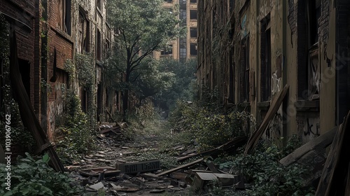 A bleak scene of a forgotten urban landscape, where apartment buildings have crumbled, streets are filled with debris, and trees grow through the ruins