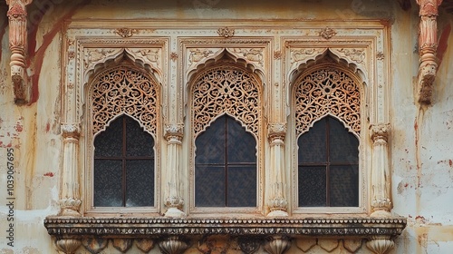 The image showcases a beautifully crafted architectural feature consisting of three ornate windows. Each window is framed by intricate wooden carvings and detailed designs, typical of traditional Indi photo