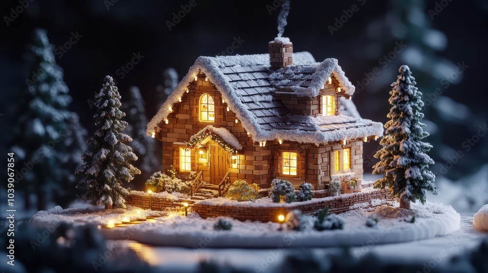 3d of small village with house, isometric exterior, open view. Cozy Christmas atmosphere. Holiday decoration, nice dollhouse in the woods. New Year's design. Dark background. Generative AI. 3d of small village with house, isometric exterior, open view. Cozy Christmas atmosphere. Holiday decoration, nice dollhouse in the woods. New Year's design. Dark background. Generative AI.