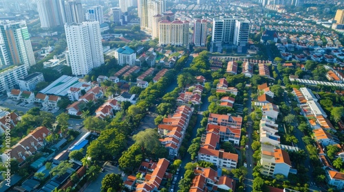 Aerial view of a dense urban area with a mix of residential and commercial buildings with