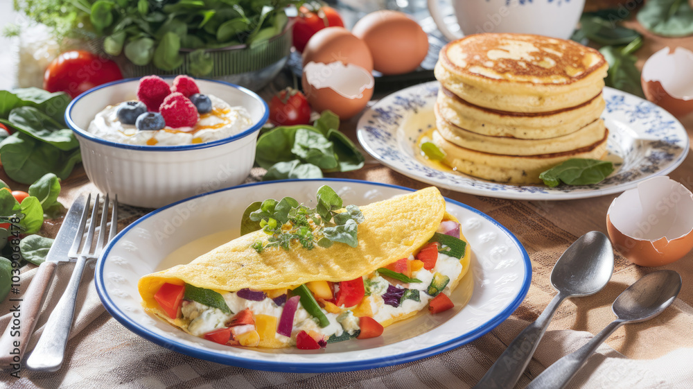 A plate of food with a large omelet and a bowl of fruit. Scene is healthy and inviting A plate of food with a large omelet and a bowl of fruit. Scene is healthy and inviting