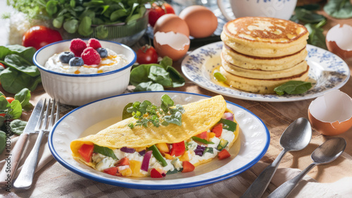 A plate of food with a large omelet and a bowl of fruit. Scene is healthy and inviting