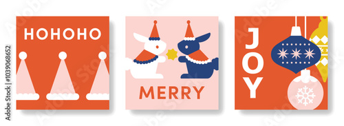 クリスマスのかわいいカードイラストセット ( ベクター 赤 ピンク うさぎ ホリデー かわいい 背景素材 サンタの帽子 クリスマスオーナメント 動物 シンプル )